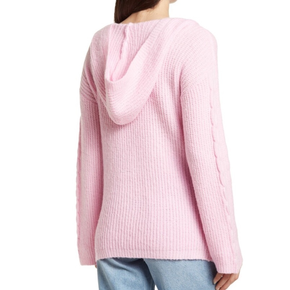 Kikit Hooded V-Neck Pullover Long Sleeve Cable Knit Fuzzy Pink Sweater - Picture 2 of 9
